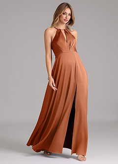 Azazie Evalleen Bridesmaid Dresses Copper A-Line Pleated Stretch Satin Dress image5