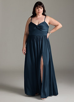 Azazie Zeya Bridesmaid Dresses Dark Navy A-Line Pleated Stretch Satin Dress image9