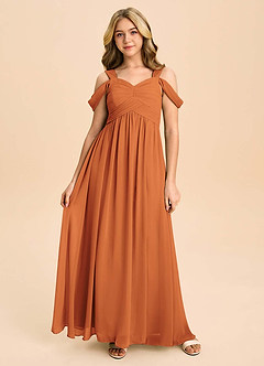 Azazie Lianne Junior Cinnamon A-Line Off the Shoulder Chiffon Dress image2