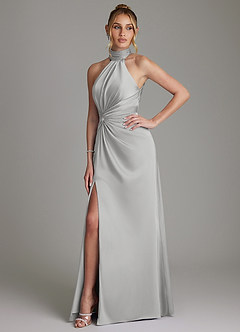 Azazie Gracelynn Bridesmaid Dresses Silver Sheath Pleated Stretch Satin Dress image6