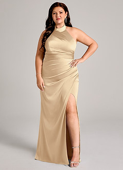 Azazie Jemma Bridesmaid Dresses Champagne Sheath Pleated Stretch Satin Dress image10
