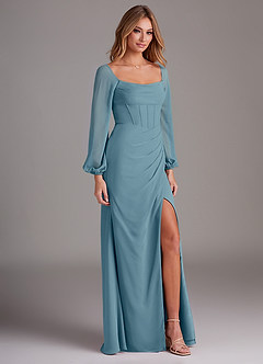 Azazie Charissa Bridesmaid Dresses Moody Blue Sheath Long Sleeve Chiffon Dress image5