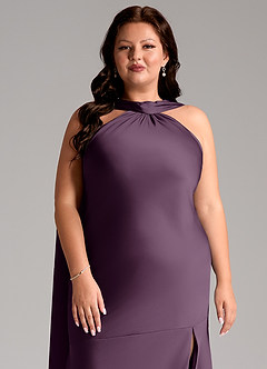 Azazie Kinsley Vestidos de madrinha de casamento Vestido Ameixa de Cetim elástico de sereia com Fenda Lateral image13