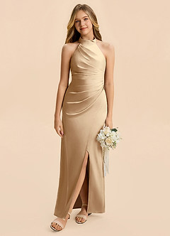 Azazie Jemma Junior Champagne Sheath Ruched Stretch Satin Dress image4