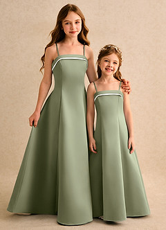 Azazie Izel Girls Formal Flower Girl Dresses Ivory Pistachio A-Line Pleated Matte Satin Dress image2