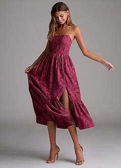Azazie Delphina Bridesmaid Dresses Burgundy A-Line Strapless Floral Burnout Convertible Dress image3