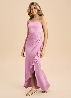 Azazie Buzzy Junior Candy Pink Sheath Pleated Stretch Satin Dress image7