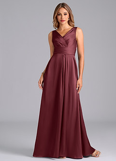 Azazie Karina At-home Try On Dresses Desert Rose A-Line Pleated Stretch Satin Dress image4