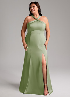 Azazie Rue Bridesmaid Dresses Dusty Sage A-Line Pleated Stretch Satin Dress image10