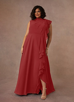 Azazie Narine Mère de la mariée Robes Robe Trapèze en Mousseline de soie Encolure haute plissée Rouille image11
