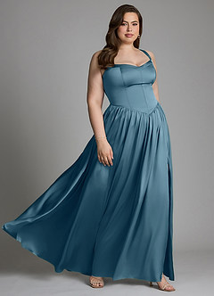 Azazie Francis Brautjungfernkleider A-Linie Korsett Stretch-Satin Kleid Bermudablau image13