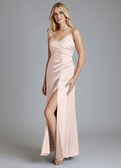 Azazie Azuree Bridesmaid Dresses Blushing Pink A-Line Pleated Stretch Satin Dress image4