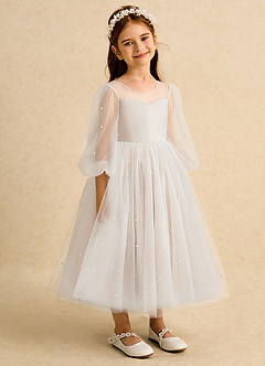 Azazie Trudy Blumenmädchenkleider Ballkleid Herzausschnitt Tüll Kleid Alabaster Weiß image1