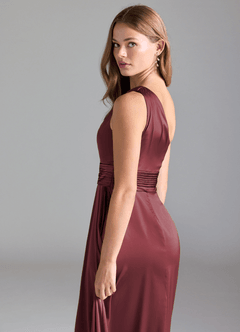 Azazie Dallas Bridesmaid Dresses Merlot A-Line One Shoulder Stretch Satin Dress image7
