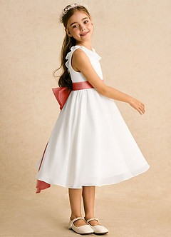 Azazie Dani Robe Demoiselle D'honneur Fillette Robe Trapèze en Mousseline de soie Arc Ivoire Rose Saumon image4