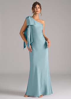Azazie Capri Vestidos de damas de honor Vestido de Azul Malhumorado de Satén Elástico de Corte Sirena con Hombro unilateral image1
