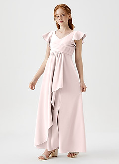 Azazie Omari Junior Blushing Pink A-Line Pleated Stretch Crepe Dress image1