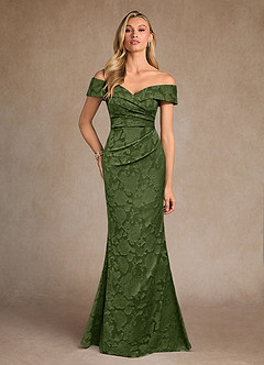 Azazie Canton Abiti per la Madre della Sposa Abito Sirena in Burnout Floreale a Spalla Scoperta Oliva image1