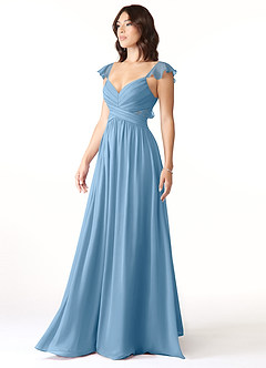 Azazie Lissa Jurken voor bruidsmeisjes Jurk van Chiffon met A-Lijn Kant Staal Blauw image4