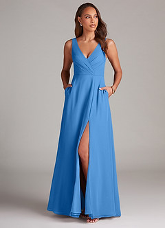 Azazie Nelly Robes de demoiselle d'honneur Robe Trapèze en Mousseline de soie Plissée Geai Bleu image2