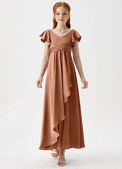 Azazie Omari Junior Bronzer A-Line Pleated Stretch Satin Dress image5
