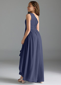 Azazie Mathilda Junior Robe Trapèze en Mousseline de soie Plissée Bleu Orageux image5