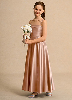 Azazie Pebbles Junior Formal Flower Girl Dresses Champagne Rose A-Line Pleated Matte Satin Dress image6