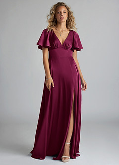 Azazie Kimber Bridesmaid Dresses Red Plum A-Line Ruched Stretch Satin Dress image3