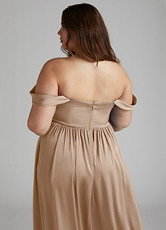 Azazie Morana Jurken voor bruidsmeisjes Converteerbaar Jurk van Stretch Satijn met A-Lijn Off the Shoulder Taupe image18