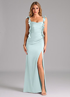 Azazie Jessamine Bridesmaid Dresses Sea Glass A-Line Corset Stretch Satin Dress image3