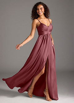 Azazie Alia Robes de demoiselle d'honneur Robe Trapèze en Satin extensible Plissée Rose Du Désert image2