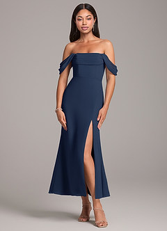 Azazie Saige Bridesmaid Dresses Dark Navy Sheath Off the Shoulder Chiffon Convertible Dress image1