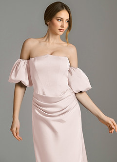 Azazie Kacey Bridesmaid Dresses Blushing Pink Mermaid Off the Shoulder Stretch Satin Dress image2