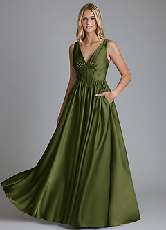 Azazie Delmie Bridesmaid Dresses Olive A-Line Corset Stretch Satin Dress image6