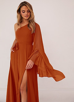 Barbie ♥ Azazie Bridesmaid Dresses Paprika A-Line Long Sleeve Chiffon Dress image5