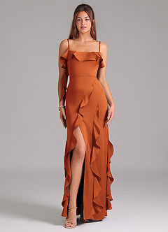 Azazie Malia Bridesmaid Dresses Cinnamon A-Line Side Slit Stretch Satin Dress image3