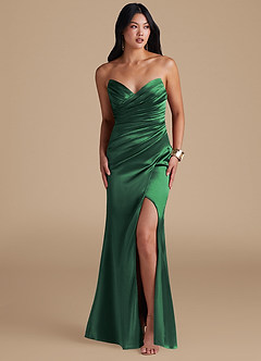 Azazie Yola Bridesmaid Dresses Dark Green Sheath Pleated Metallic Satin Dress image6