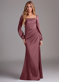 Azazie Charissa Bridesmaid Dresses Desert Rose Sheath Long Sleeve Stretch Satin Dress image3