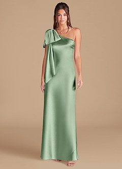 Azazie Capri Bridesmaid Dresses Matcha Sheath One Shoulder Metallic Satin Dress image3