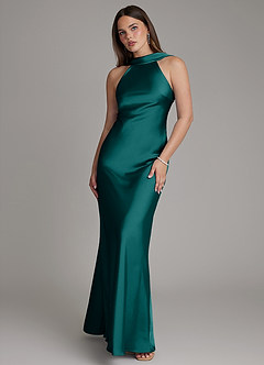 Azazie Dimitra Bridesmaid Dresses Peacock A-Line Pleated Stretch Satin Dress image1