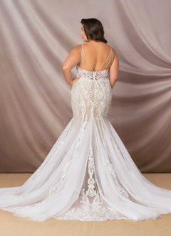 Azazie Josephine Final Sale Diamond White Nude Mermaid V-Neck Sequins Tulle Dress image13