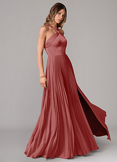 Azazie Afra Abiti da Damigella Abito A-Line in Raso Elasticizzato Plissettato Rosa Antica image3