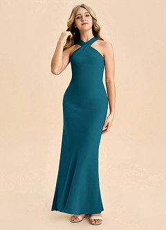 Azazie Doretta Junior Ink Blue Sheath Pleated Chiffon Dress image3