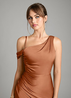 Azazie Madelyn Bridesmaid Dresses Copper Mermaid One Shoulder Stretch Satin Convertible Dress image3