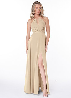 Azazie Evalleen Bridesmaid Dresses Champagne A-Line Pleated Chiffon Dress image2