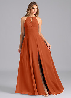 Azazie Denver Bridesmaid Dresses Burnt Orange A-Line Pleated Chiffon Dress image3
