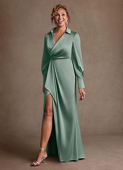 Azazie Jacinta Mère de la mariée Robes Robe Fourreau en Satin extensible Plissée Sauge D'argent image2