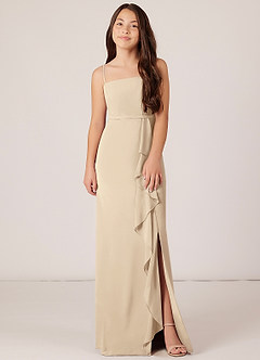 Azazie Kaylee Junior Champagne A-Line with Belt Chiffon Dress image1