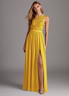 Azazie Elly Bridesmaid Dresses Marigold A-Line Lace Scoop Neck Chiffon Dress image3
