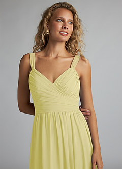Azazie Aziza Robes de demoiselle d'honneur Robe Trapèze en Mousseline de soie Col V plissé Sorbet Citron image5